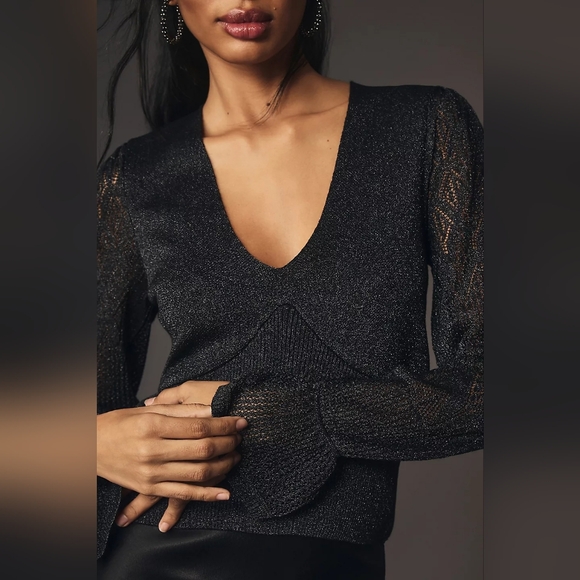 Anthropologie V Neck Woven-Sleeve Twofer Black Sweater Sparkly - Picture 3 of 8